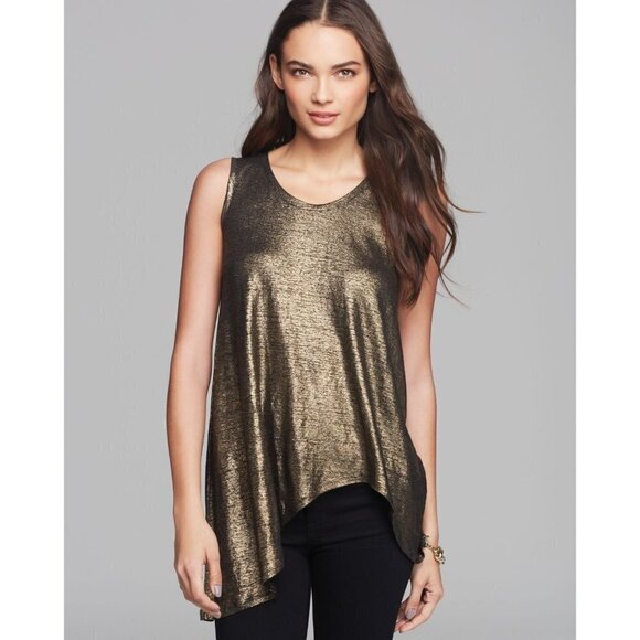 EILEEN Fisher Gold Knit Metallic Party Top Asymmetric Small Mob Wife - Picture 2 of 8
